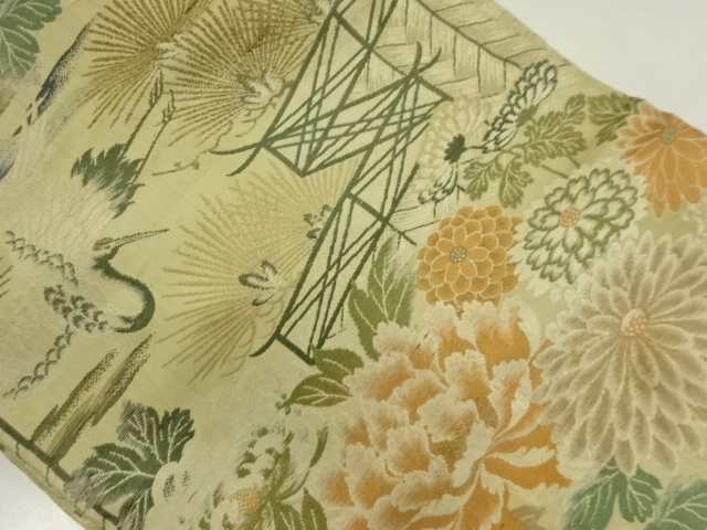 アンティーク　鶴に松･花模様織り出し名古屋帯